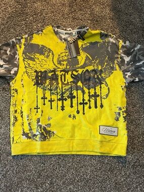 Neon Yellow Graphic Mesh Pullover with Camo Sleeves